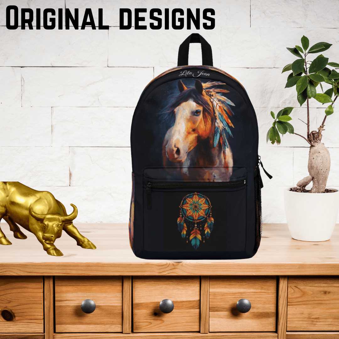 Spirit Horse Backpack, Native American Style Bookbag, Colorful Feathered Horse Bag, Horse Lover Gift - FlooredByArt