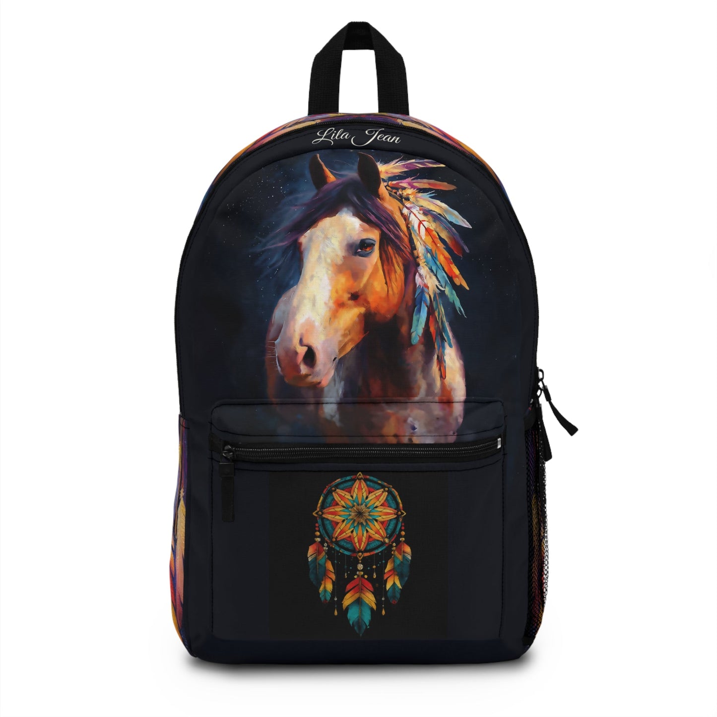 Spirit Horse Backpack, Native American Style Bookbag, Colorful Feathered Horse Bag, Horse Lover Gift - FlooredByArt