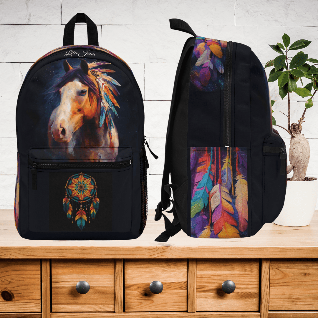 Spirit Horse Backpack, Native American Style Bookbag, Colorful Feathered Horse Bag, Horse Lover Gift - FlooredByArt