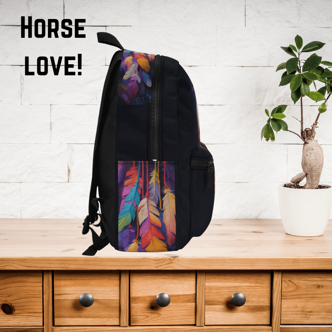 Spirit Horse Backpack, Native American Style Bookbag, Colorful Feathered Horse Bag, Horse Lover Gift - FlooredByArt