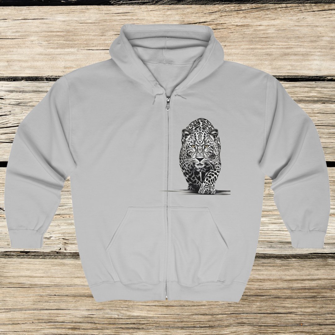 Stalking Leopard Art Full Zip Hoodie Sweatshirt Jacket Wild Life Shirt - FlooredByArt