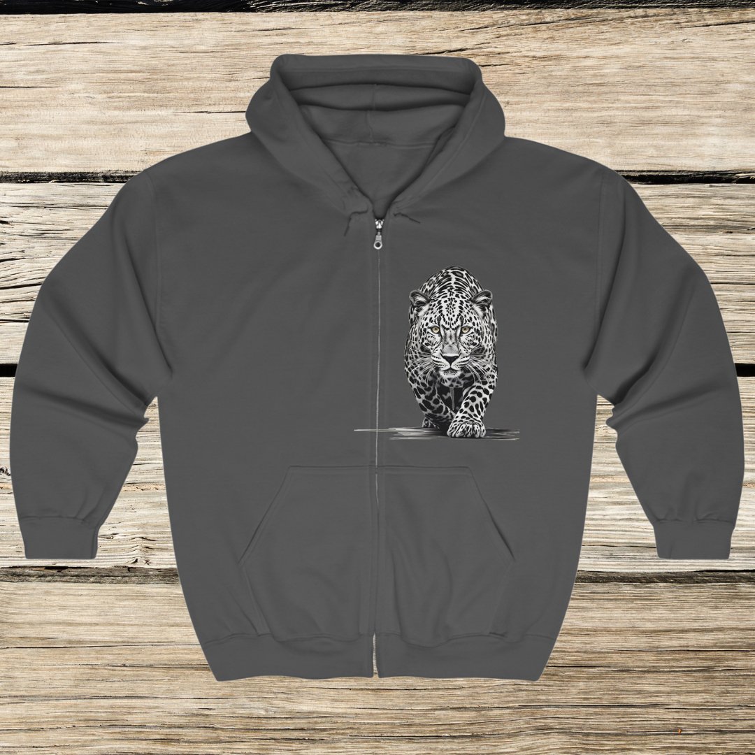 Stalking Leopard Art Full Zip Hoodie Sweatshirt Jacket Wild Life Shirt - FlooredByArt