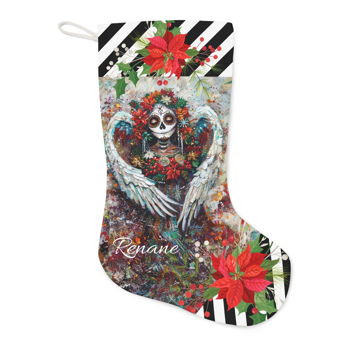Sugar Skull Angel Christmas Stocking, Goth Personalized Gift Angel Christmas Stocking - FlooredByArt