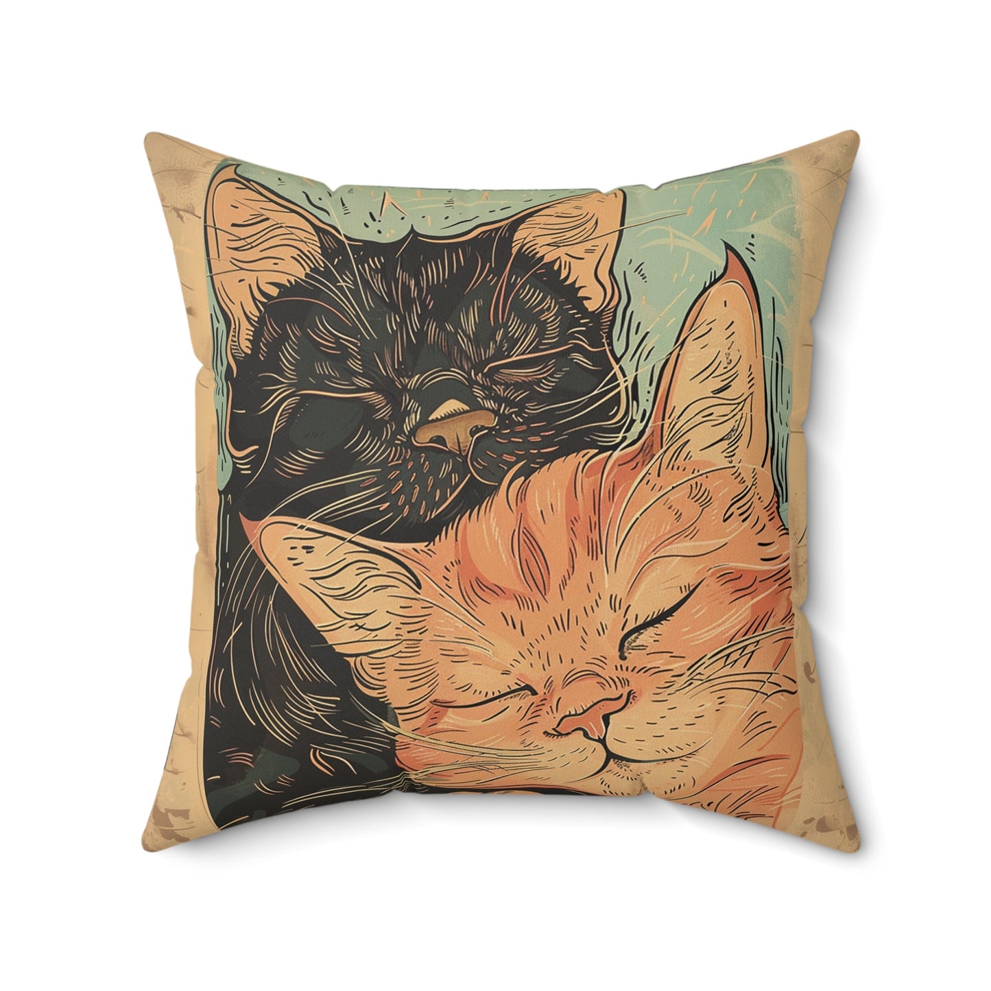 Sweet Cat Pair Throw Pillow Cover, Whimsical Art Deco Style Cat Decor - FlooredByArt
