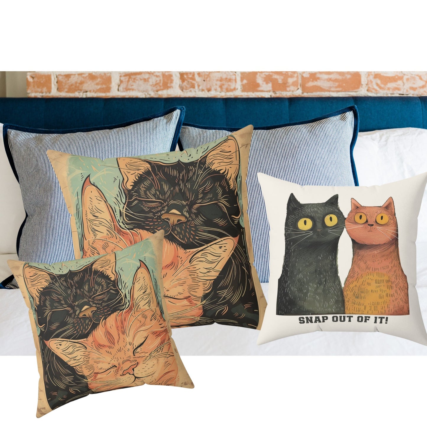 Sweet Cat Pair Throw Pillow Cover, Whimsical Art Deco Style Cat Decor - FlooredByArt