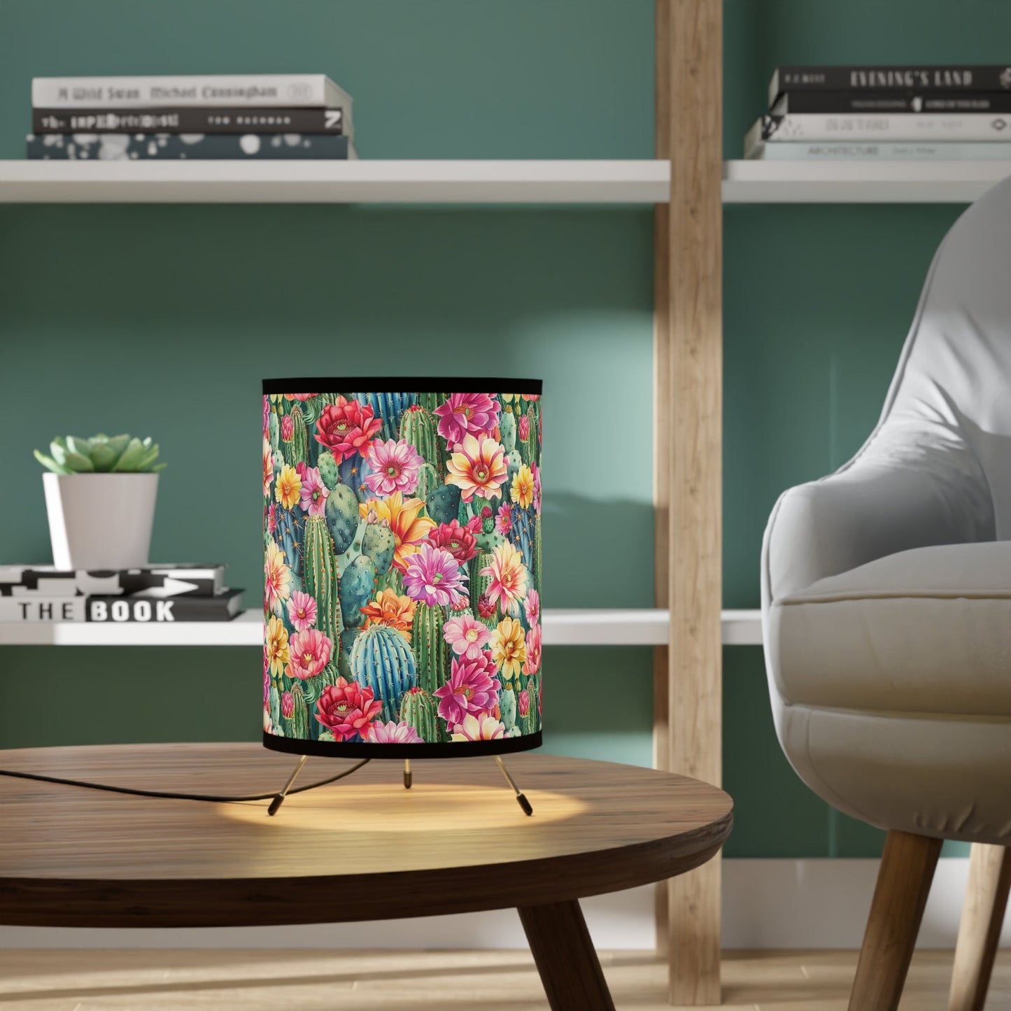 Vibrant Cactus Floral Tripod Lamp, Desk Light, Unique Lamp Shade on Lamp - FlooredByArt