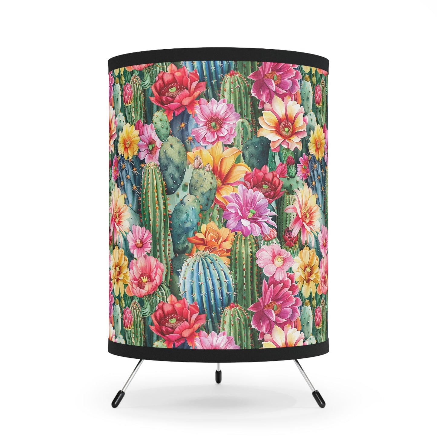 Vibrant Cactus Floral Tripod Lamp, Desk Light, Unique Lamp Shade on Lamp - FlooredByArt