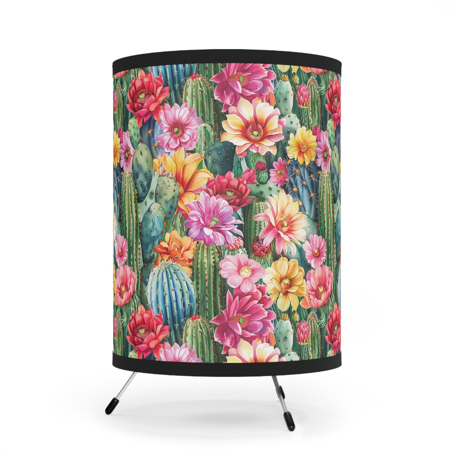 Vibrant Cactus Floral Tripod Lamp, Desk Light, Unique Lamp Shade on Lamp - FlooredByArt
