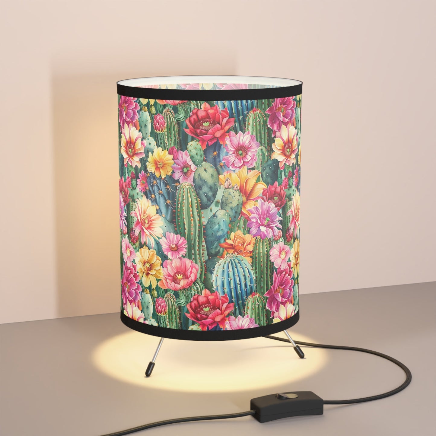 Vibrant Cactus Floral Tripod Lamp, Desk Light, Unique Lamp Shade on Lamp - FlooredByArt