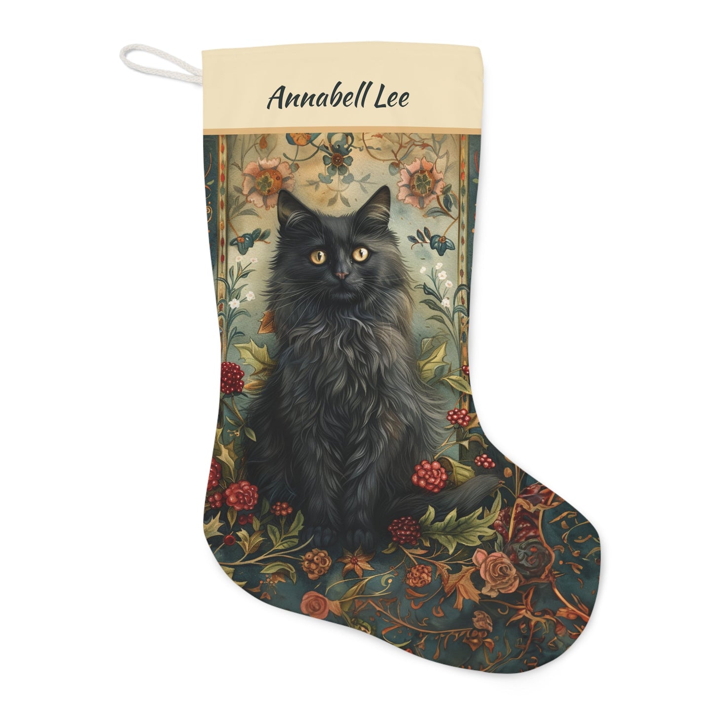 Victorian Black Cat Christmas Stocking - Personalized A Black Cat, Berries and Roses - FlooredByArt