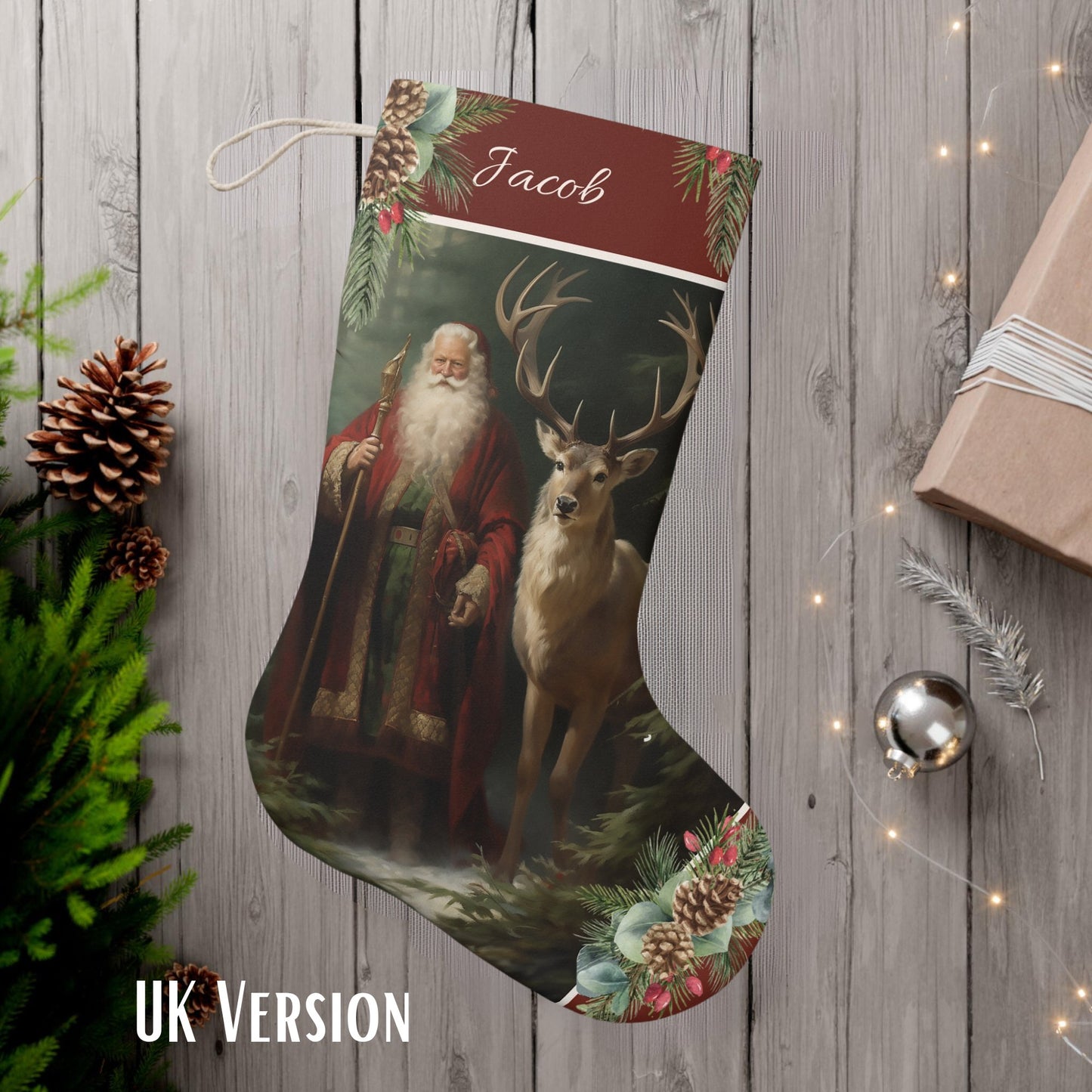 Victorian Santa Stocking, Woodland Santa l Deer Christmas Decor, Personalized Large - FlooredByArt
