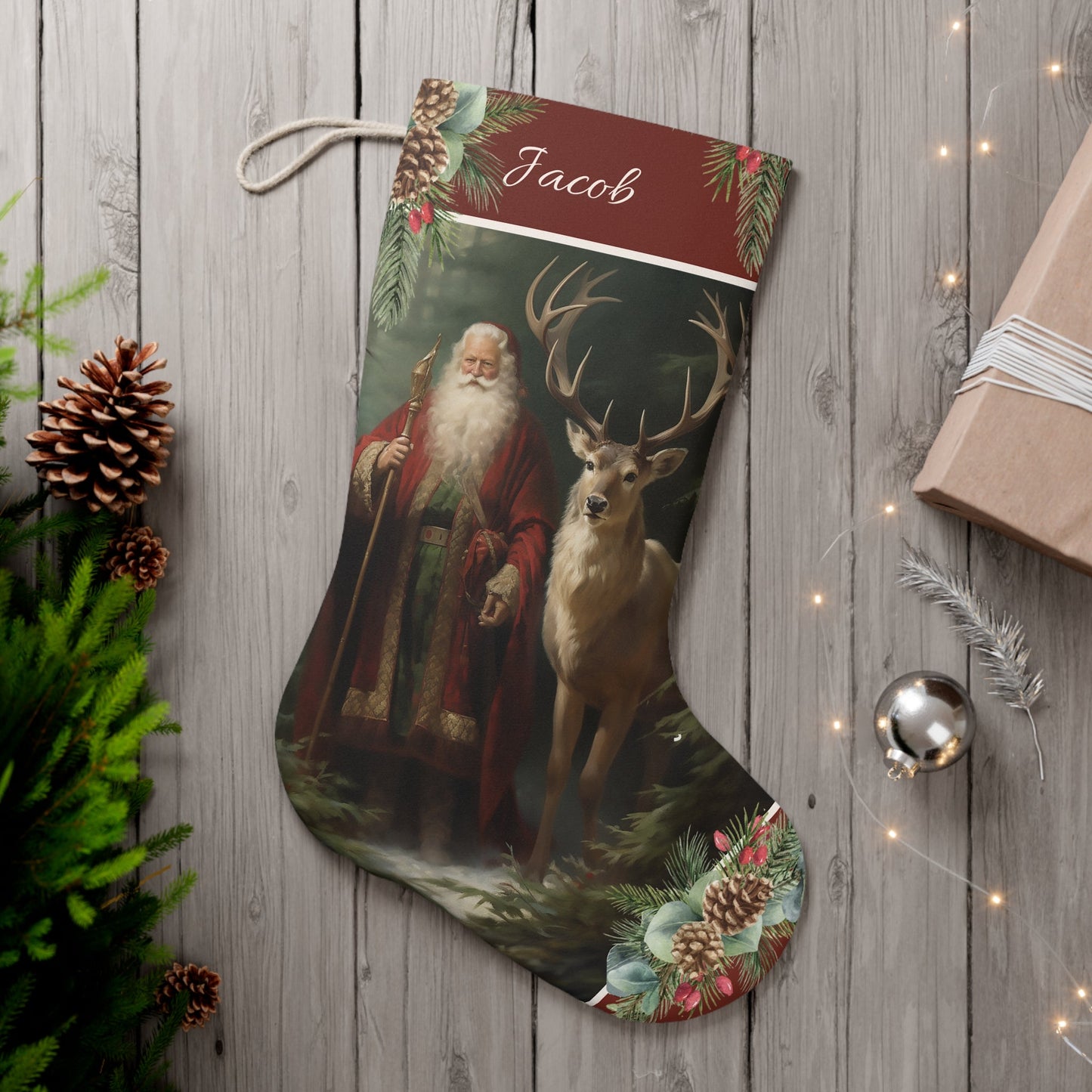 Victorian Santa Stocking, Woodland Santa l Deer Christmas Decor, Personalized Large - FlooredByArt