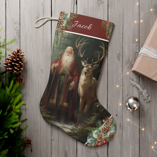Victorian Santa Stocking, Woodland Santa l Deer Christmas Decor, Personalized Large - FlooredByArt