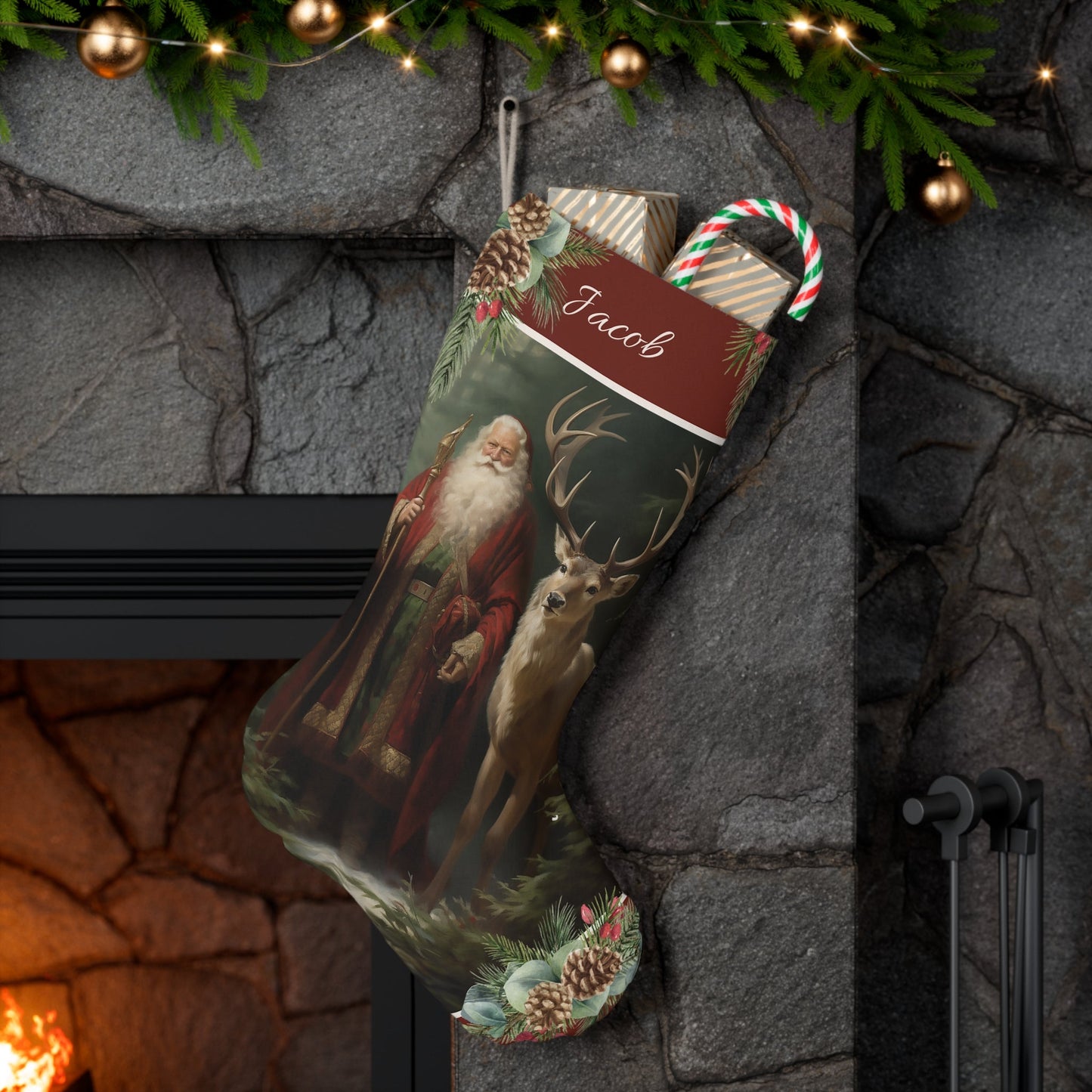Victorian Santa Stocking, Woodland Santa l Deer Christmas Decor, Personalized Large - FlooredByArt