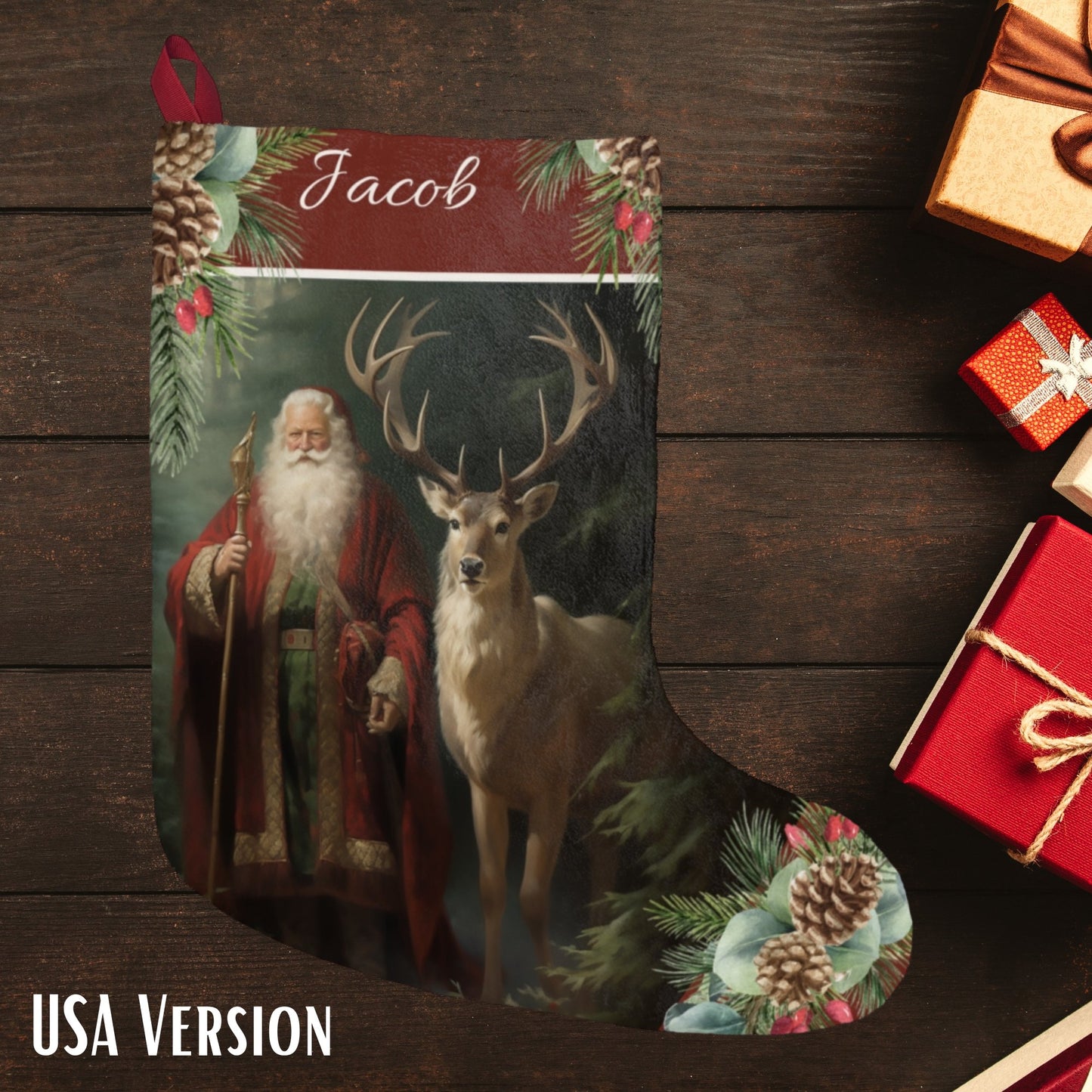 Victorian Santa Stocking, Woodland Santa l Deer Christmas Decor, Personalized Large - FlooredByArt