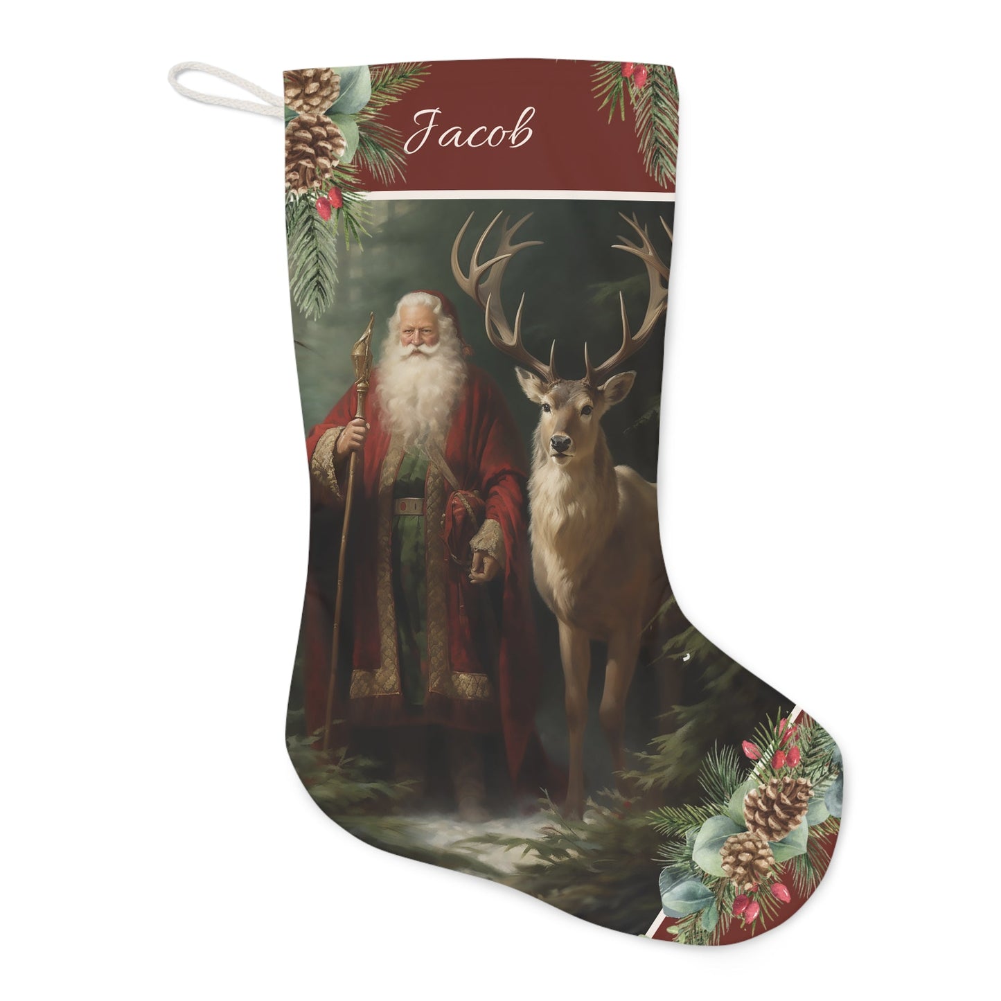 Victorian Santa Stocking, Woodland Santa l Deer Christmas Decor, Personalized Large - FlooredByArt