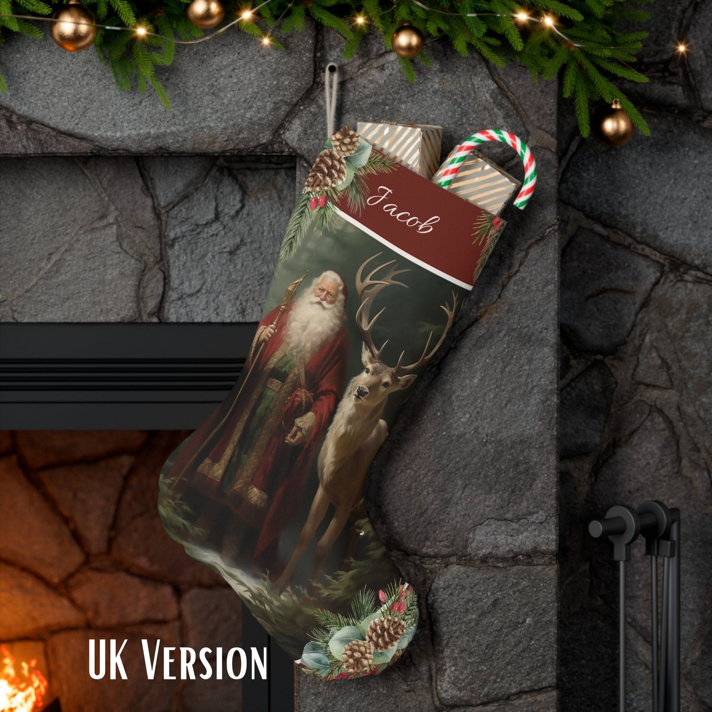 Victorian Santa Stocking, Woodland Santa l Deer Christmas Decor, Personalized Large - FlooredByArt