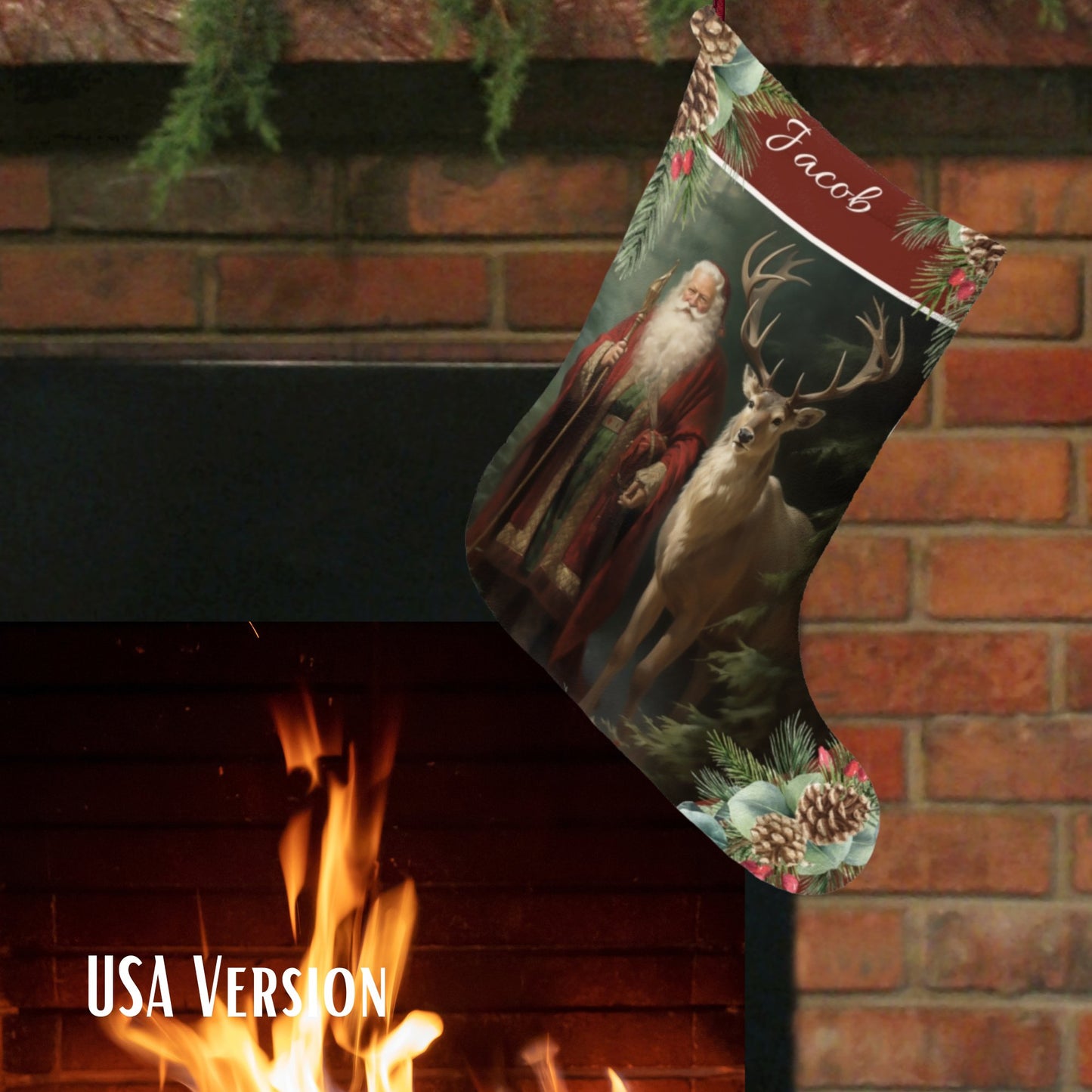 Victorian Santa Stocking, Woodland Santa l Deer Christmas Decor, Personalized Large - FlooredByArt