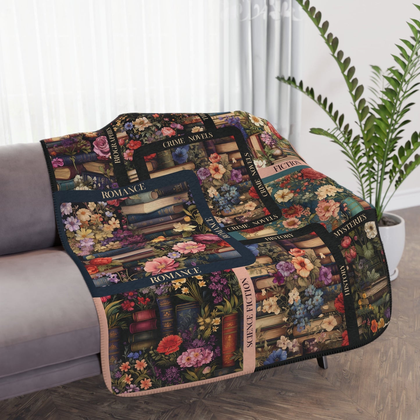 Vintage Library Blanket, Books & Flowers Throw Blanket, Unique Art Mosaic, Jewel Tones - FlooredByArt