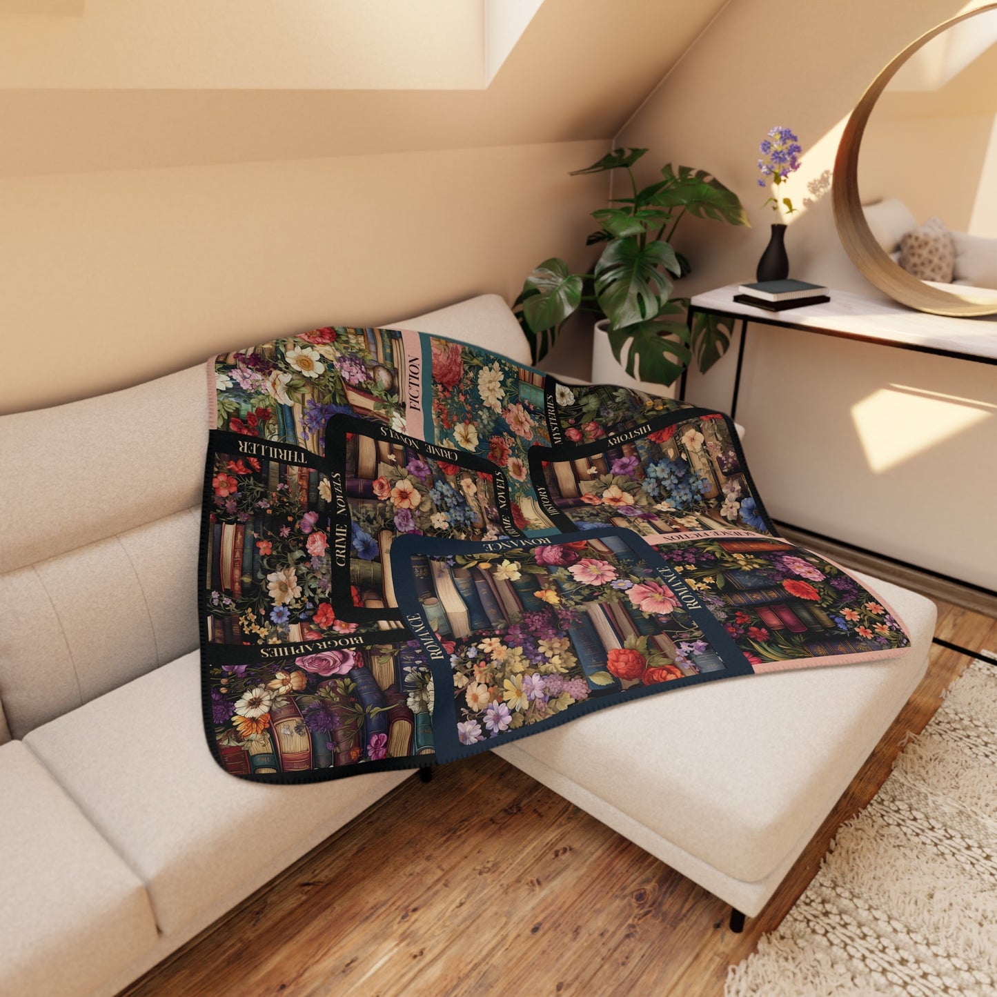 Vintage Library Blanket, Books & Flowers Throw Blanket, Unique Art Mosaic, Jewel Tones - FlooredByArt