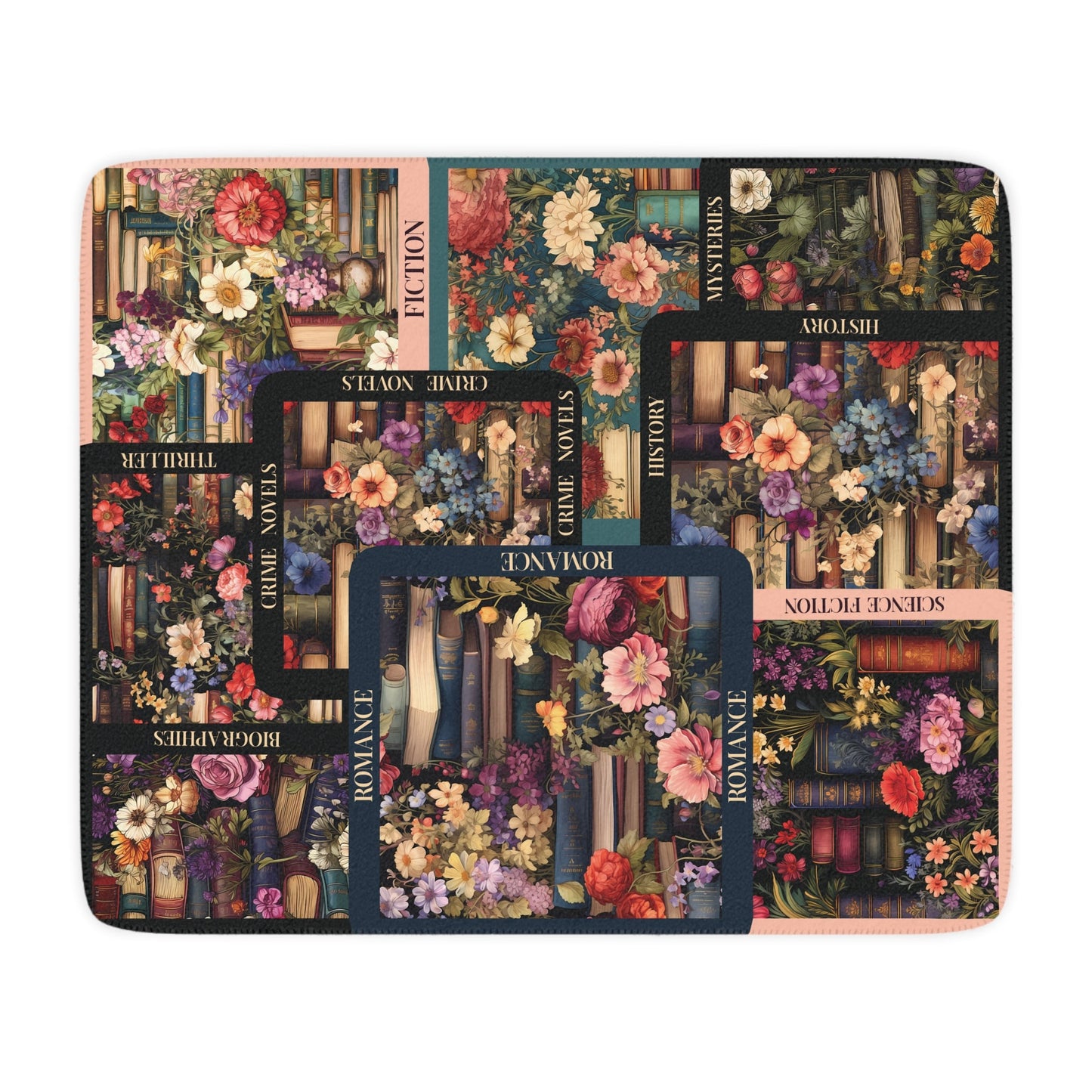 Vintage Library Blanket, Books & Flowers Throw Blanket, Unique Art Mosaic, Jewel Tones - FlooredByArt