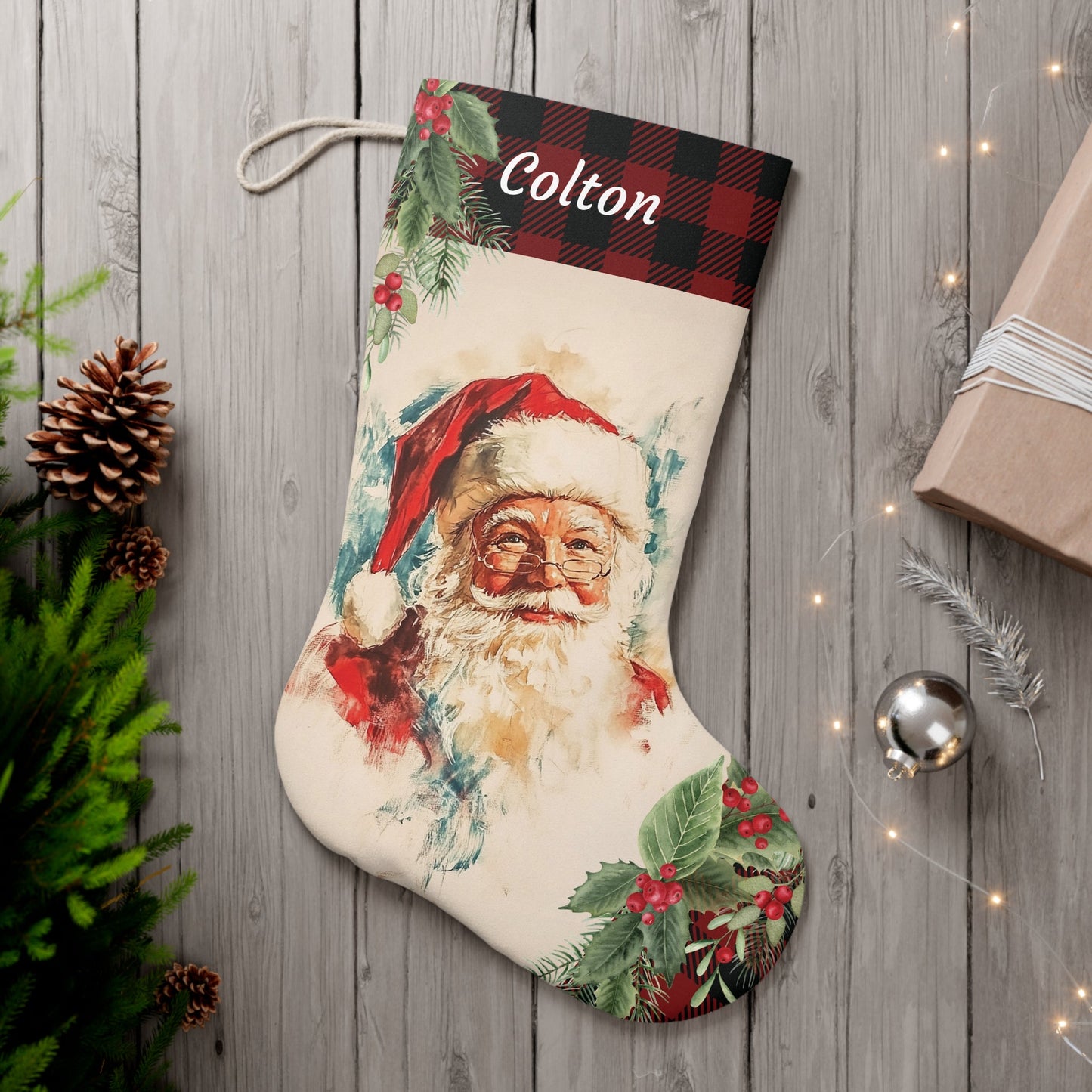Vintage Santa Claus Face Christmas Stocking 2024 Design - Watercolor Art, Retro Christmas Style - Unique Santa Claus Decor, Family Keepsake - FlooredByArt