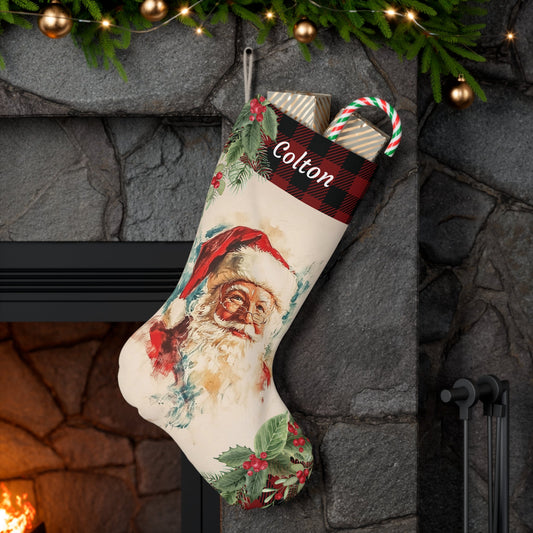 Vintage Santa Claus Face Christmas Stocking 2024 Design - Watercolor Art, Retro Christmas Style - Unique Santa Claus Decor, Family Keepsake - FlooredByArt