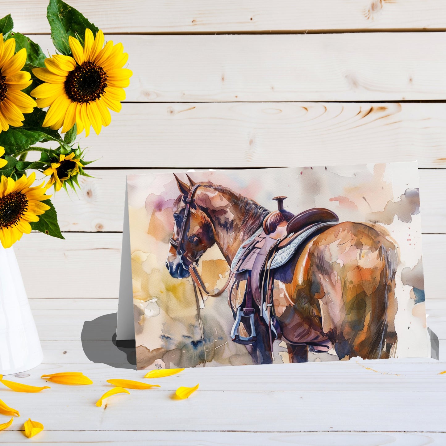 Western Saddled Horse Notecard, Original Artwork Design, Set of 10 or 1, Personalize - FlooredByArt