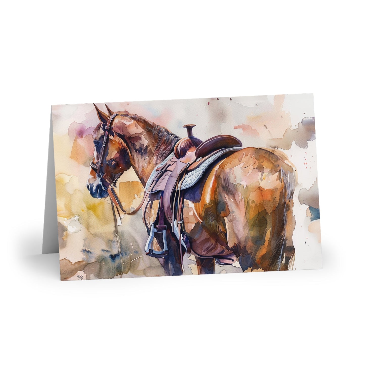 Western Saddled Horse Notecard, Original Artwork Design, Set of 10 or 1, Personalize - FlooredByArt