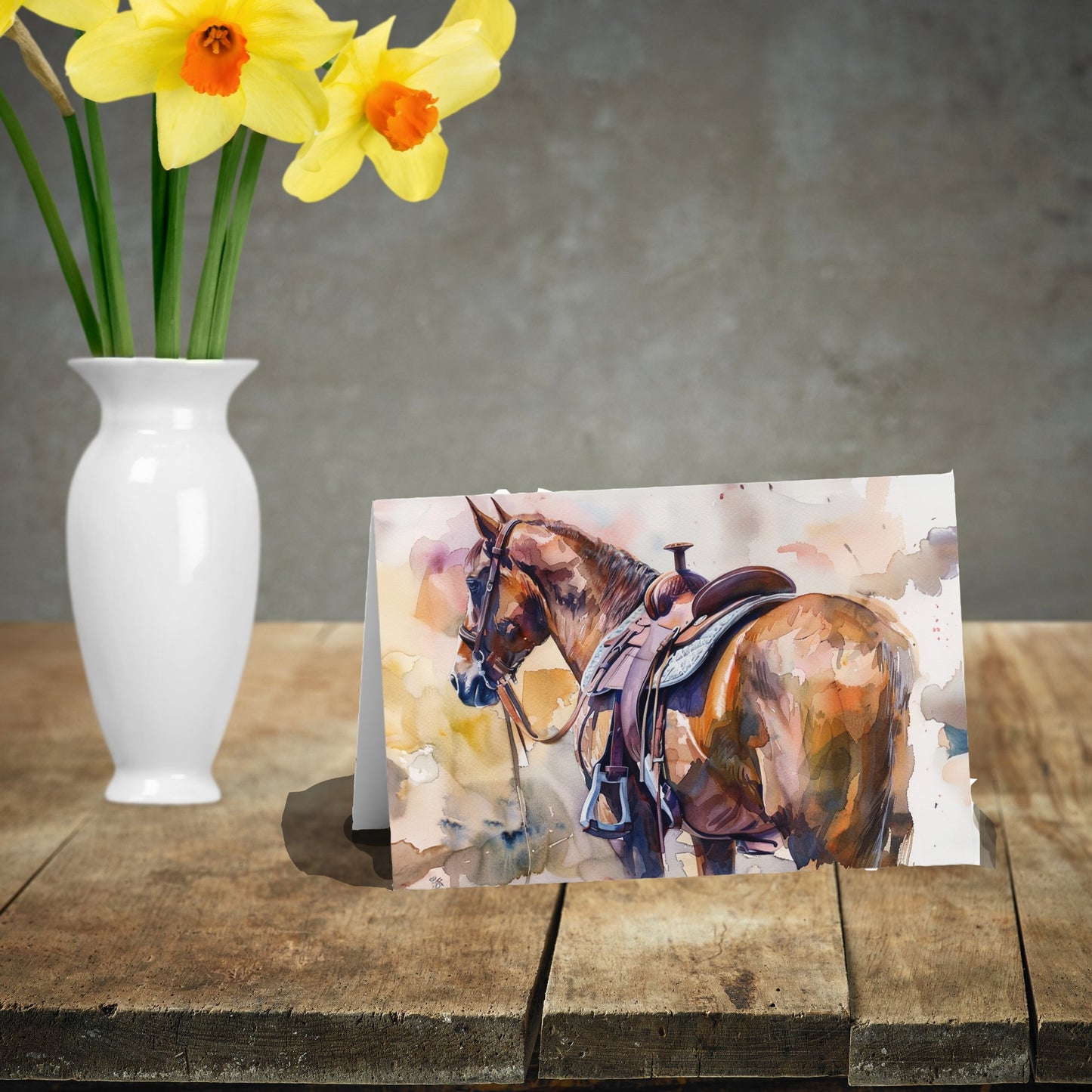 Western Saddled Horse Notecard, Original Artwork Design, Set of 10 or 1, Personalize - FlooredByArt