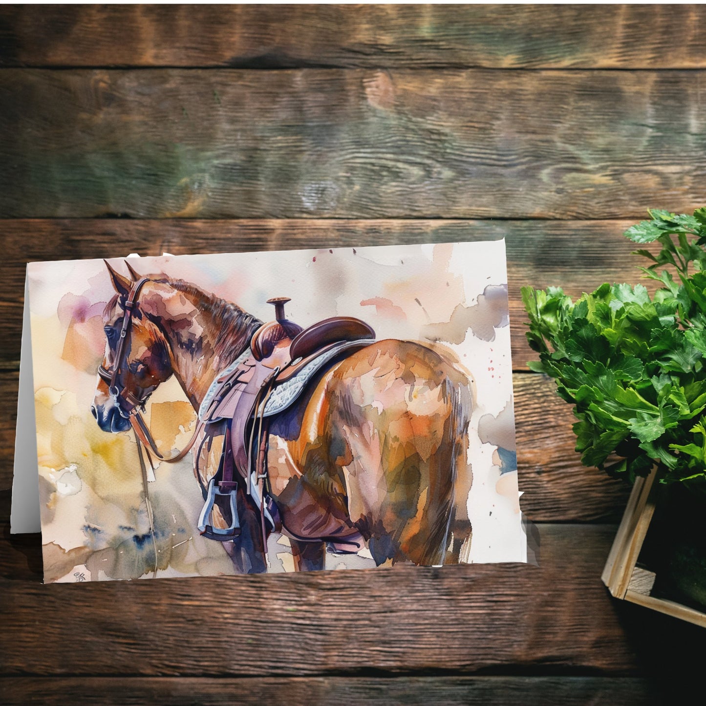 Western Saddled Horse Notecard, Original Artwork Design, Set of 10 or 1, Personalize - FlooredByArt