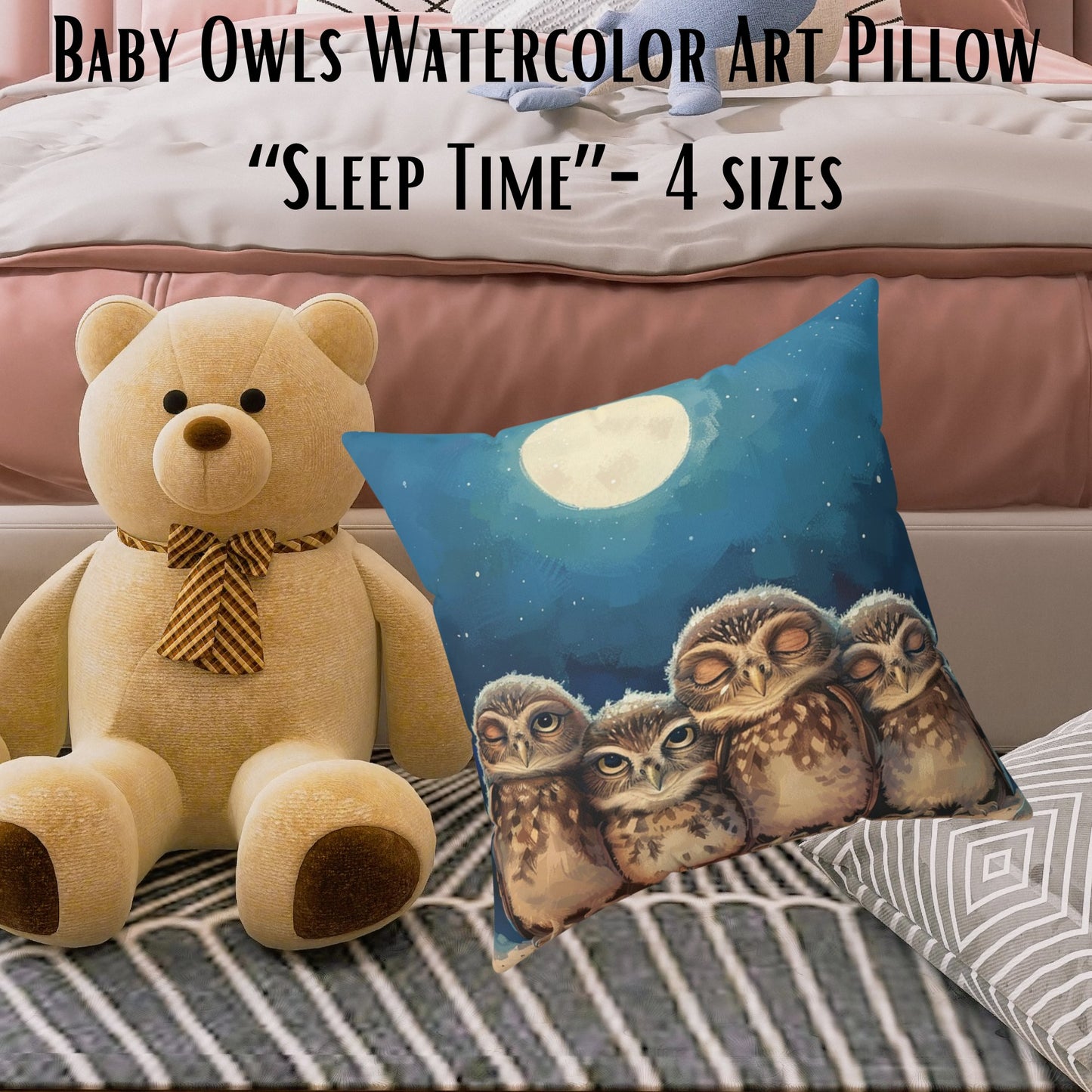 Whimsical Owl Throw Pillow, Baby Burrowing Owl Throw Pillow, Childrens Room - FlooredByArt