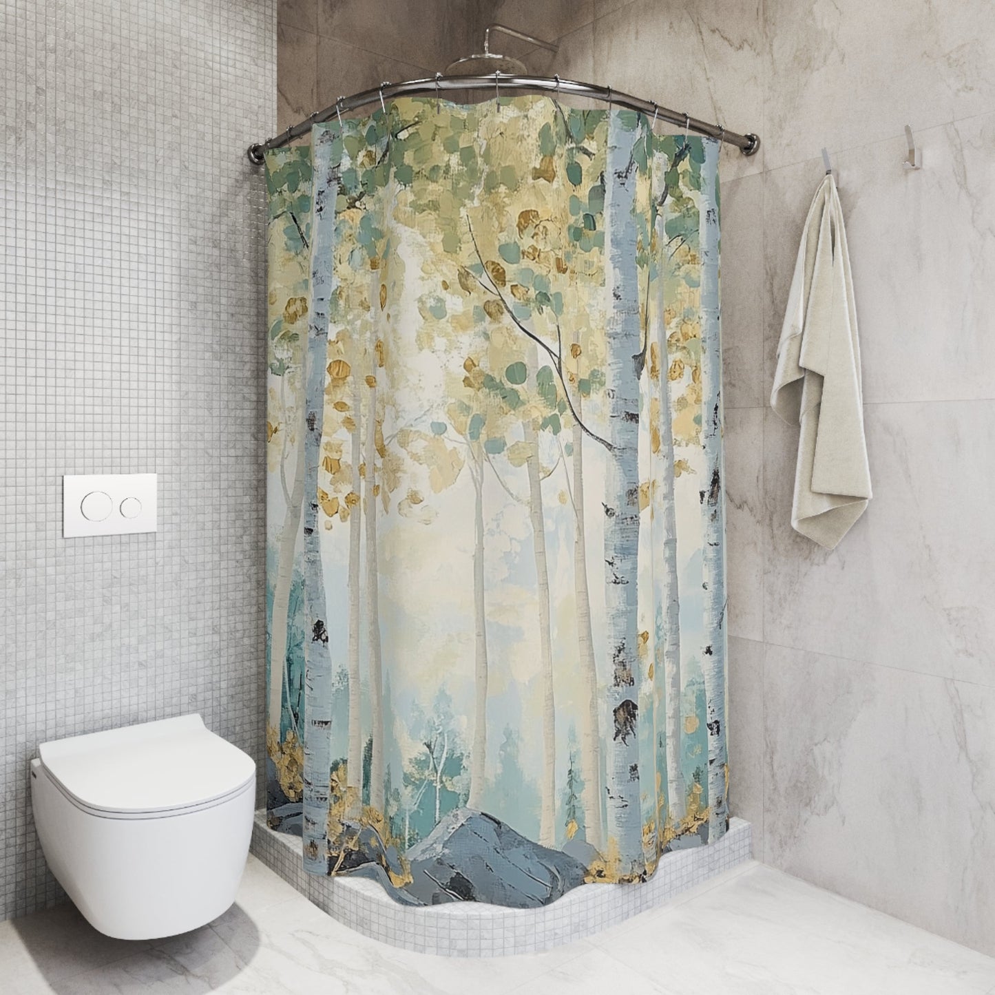 White Aspen Watercolor Shower Curtain, Springtime Forest, Unique Bathroom Decor - FlooredByArt