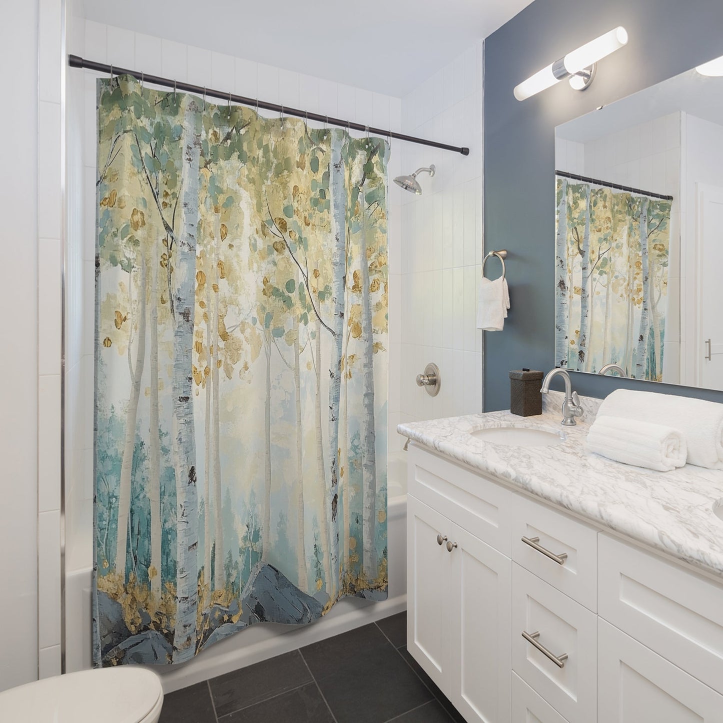 White Aspen Watercolor Shower Curtain, Springtime Forest, Unique Bathroom Decor - FlooredByArt