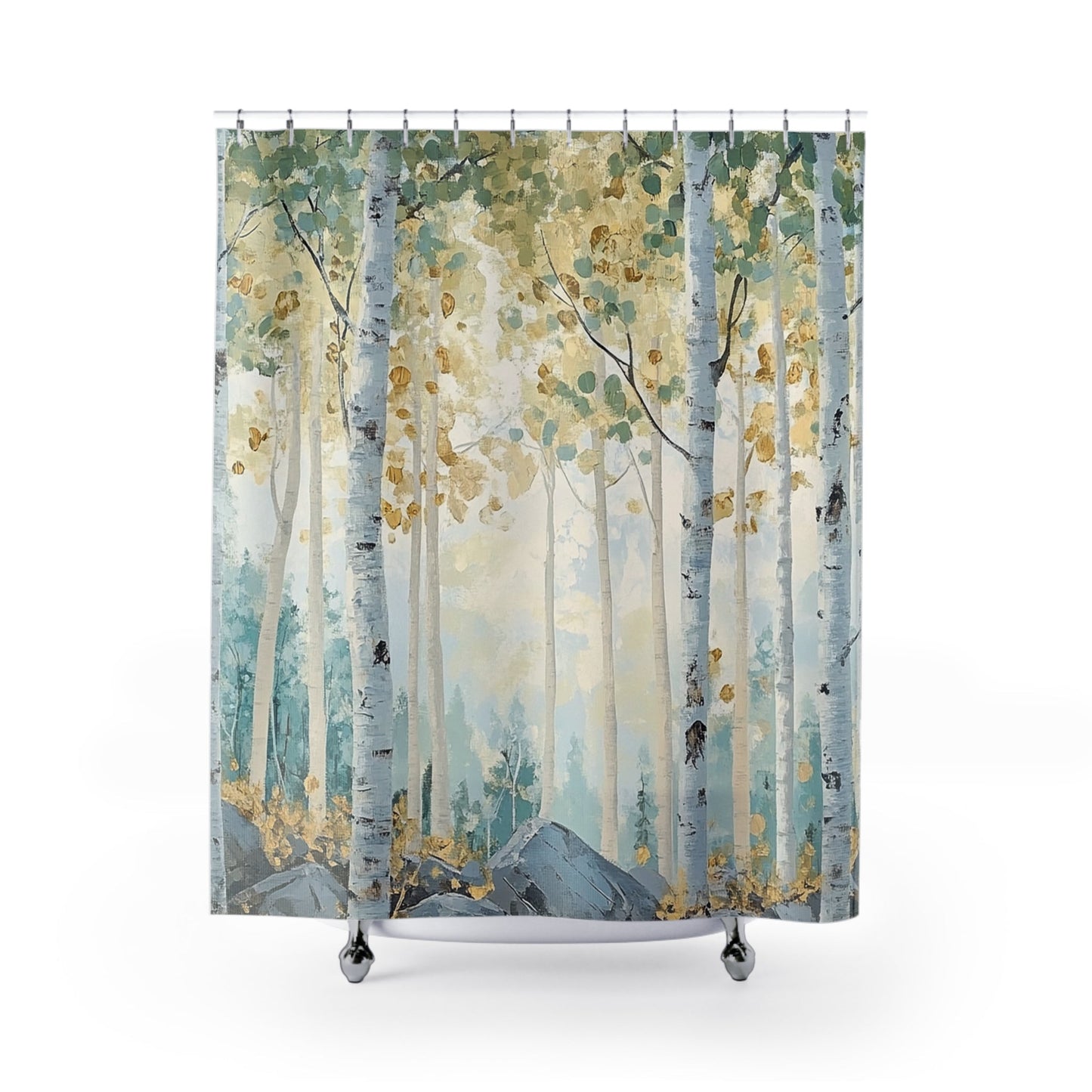 White Aspen Watercolor Shower Curtain, Springtime Forest, Unique Bathroom Decor - FlooredByArt
