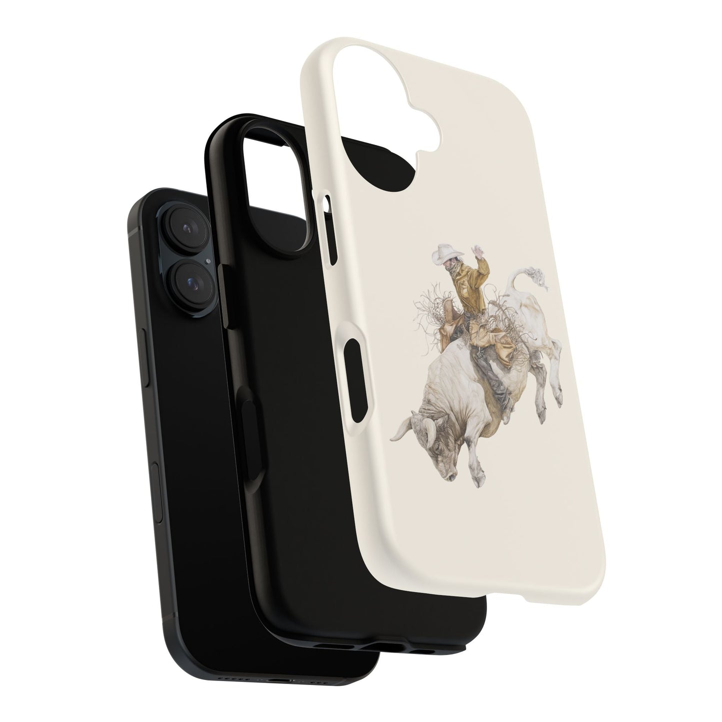 White Bucking Bull Rider Rodeo iPhone Case, 2 Layer Tough Phone Cover, Bull Riding Sport Fan - FlooredByArt
