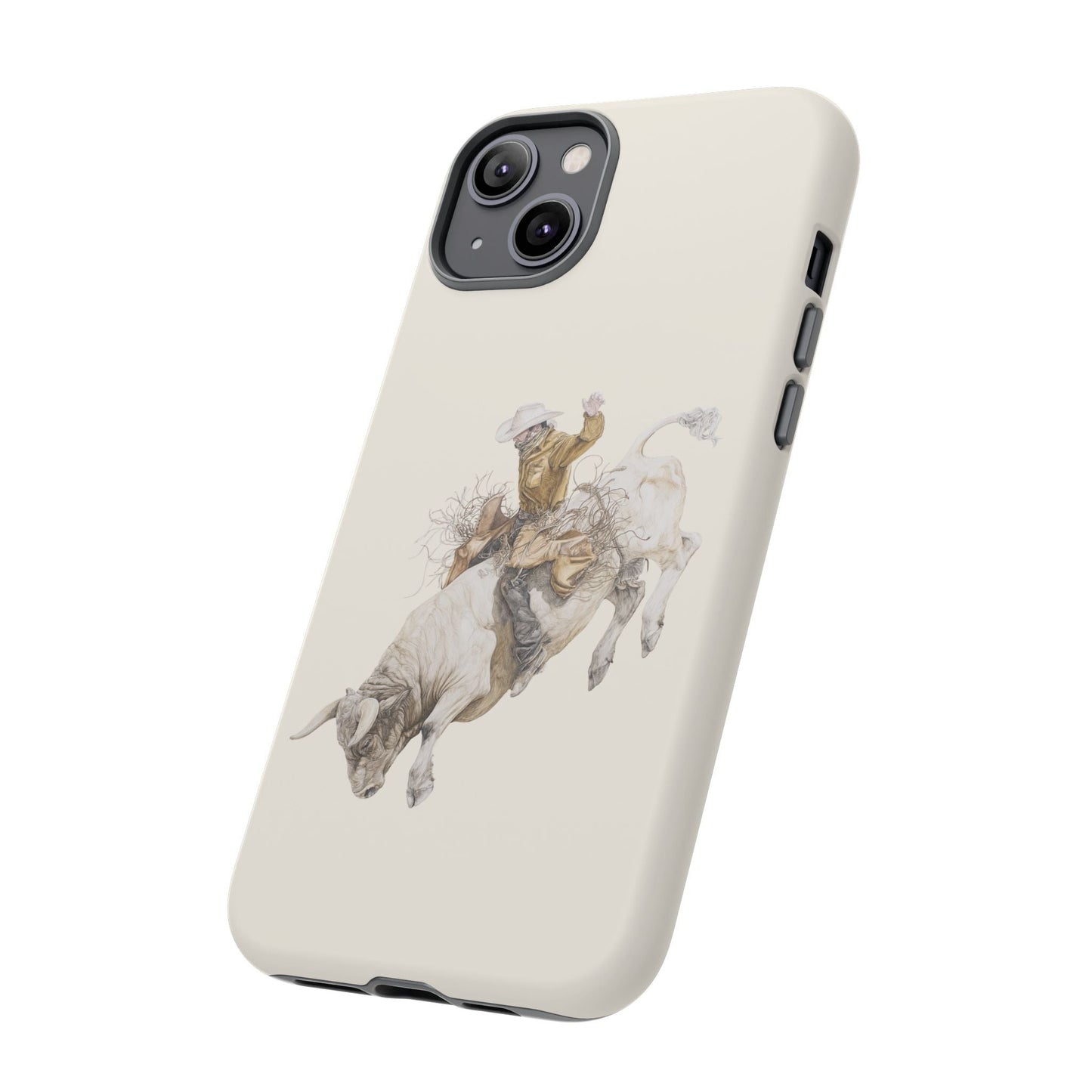 White Bucking Bull Rider Rodeo iPhone Case, 2 Layer Tough Phone Cover, Bull Riding Sport Fan - FlooredByArt