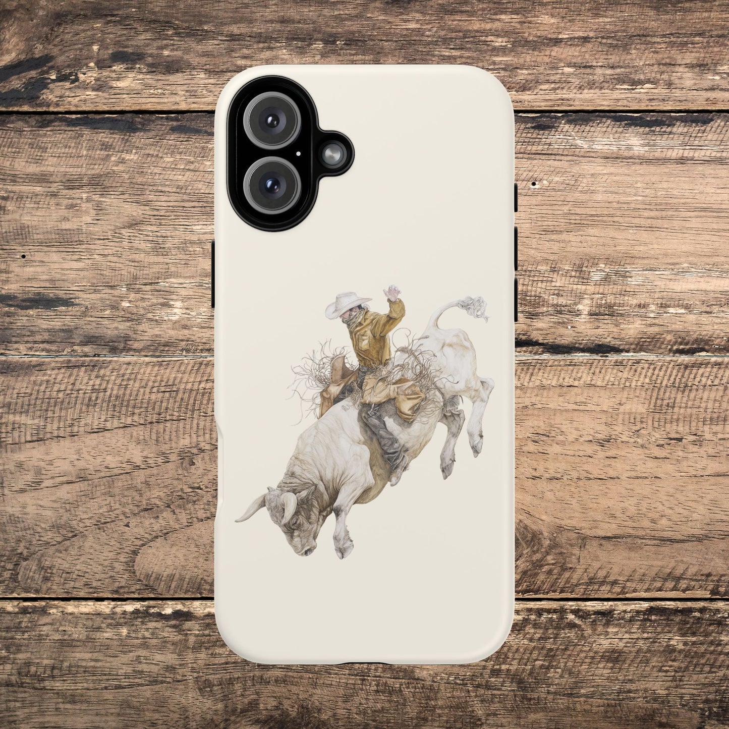 White Bucking Bull Rider Rodeo iPhone Case, 2 Layer Tough Phone Cover, Bull Riding Sport Fan - FlooredByArt
