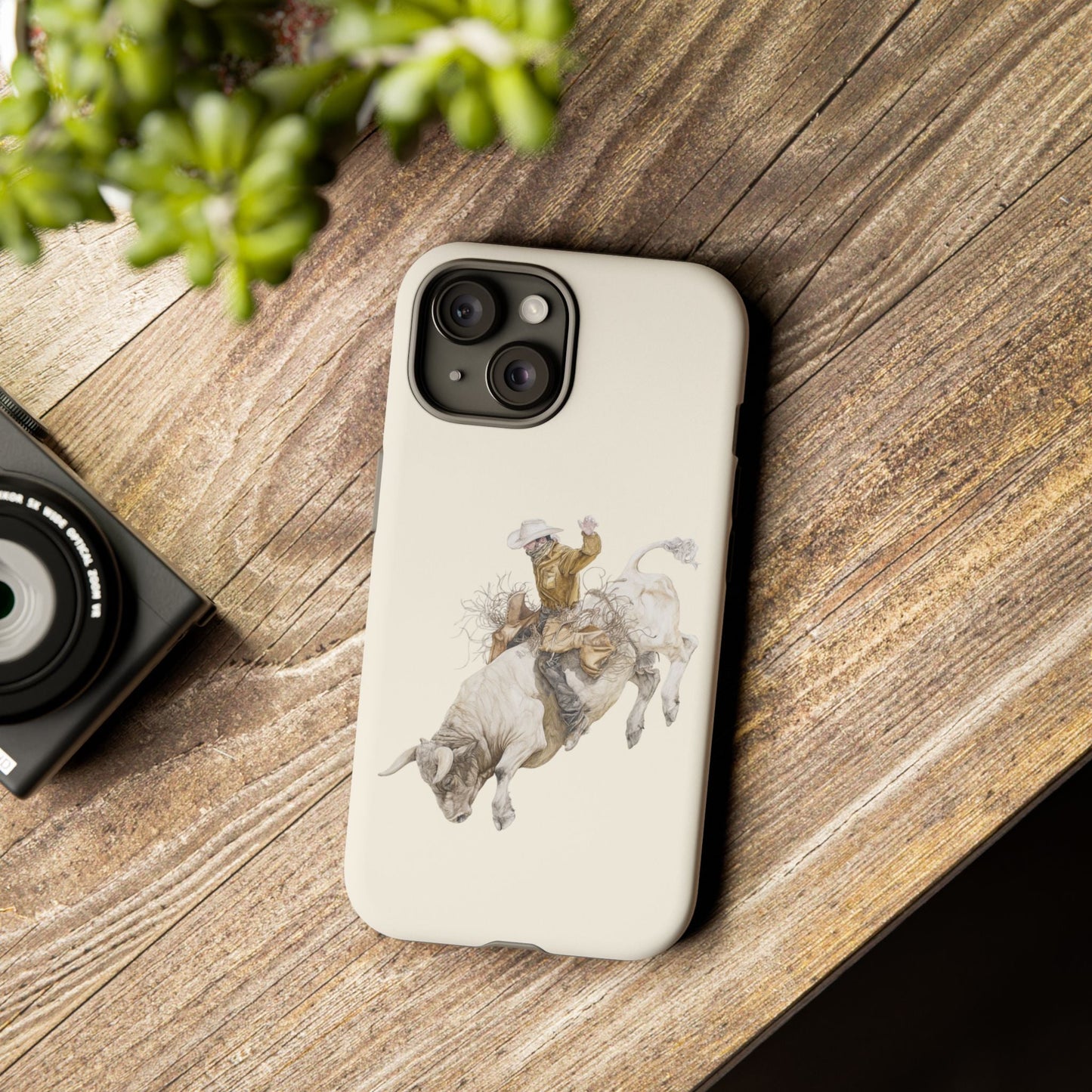 White Bucking Bull Rider Rodeo iPhone Case, 2 Layer Tough Phone Cover, Bull Riding Sport Fan - FlooredByArt