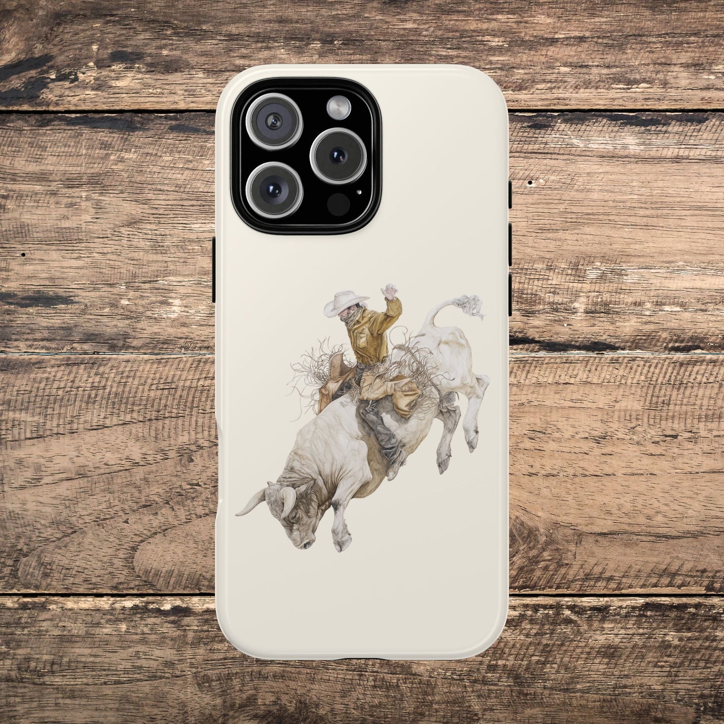 White Bucking Bull Rider Rodeo iPhone Case, 2 Layer Tough Phone Cover, Bull Riding Sport Fan - FlooredByArt