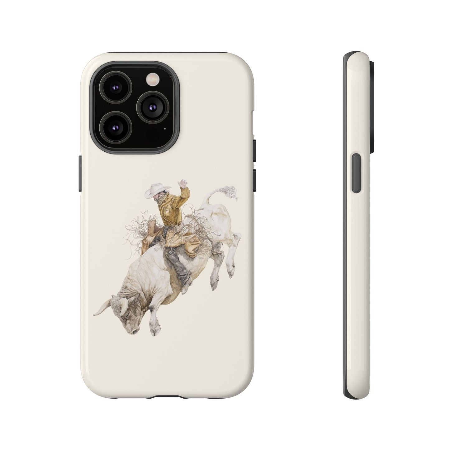 White Bucking Bull Rider Rodeo iPhone Case, 2 Layer Tough Phone Cover, Bull Riding Sport Fan - FlooredByArt