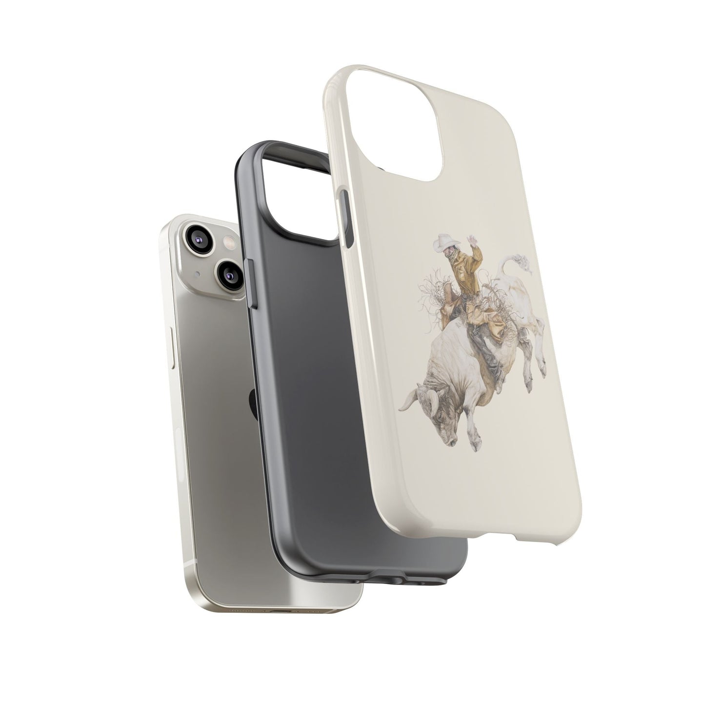 White Bucking Bull Rider Rodeo iPhone Case, 2 Layer Tough Phone Cover, Bull Riding Sport Fan - FlooredByArt