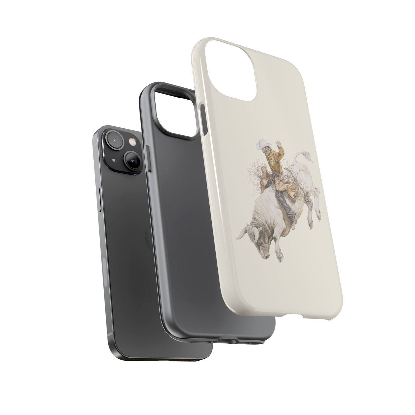 White Bucking Bull Rider Rodeo iPhone Case, 2 Layer Tough Phone Cover, Bull Riding Sport Fan - FlooredByArt