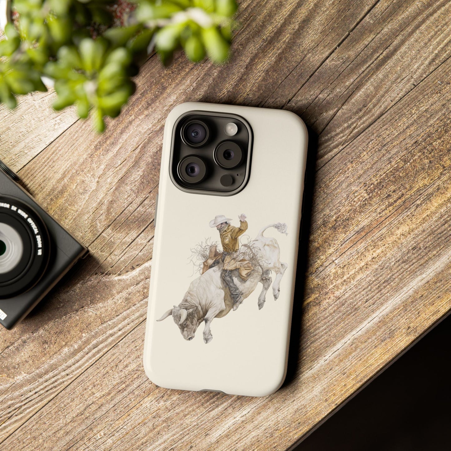 White Bucking Bull Rider Rodeo iPhone Case, 2 Layer Tough Phone Cover, Bull Riding Sport Fan - FlooredByArt