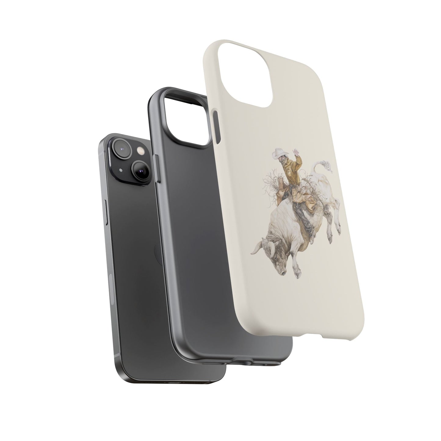 White Bucking Bull Rider Rodeo iPhone Case, 2 Layer Tough Phone Cover, Bull Riding Sport Fan - FlooredByArt