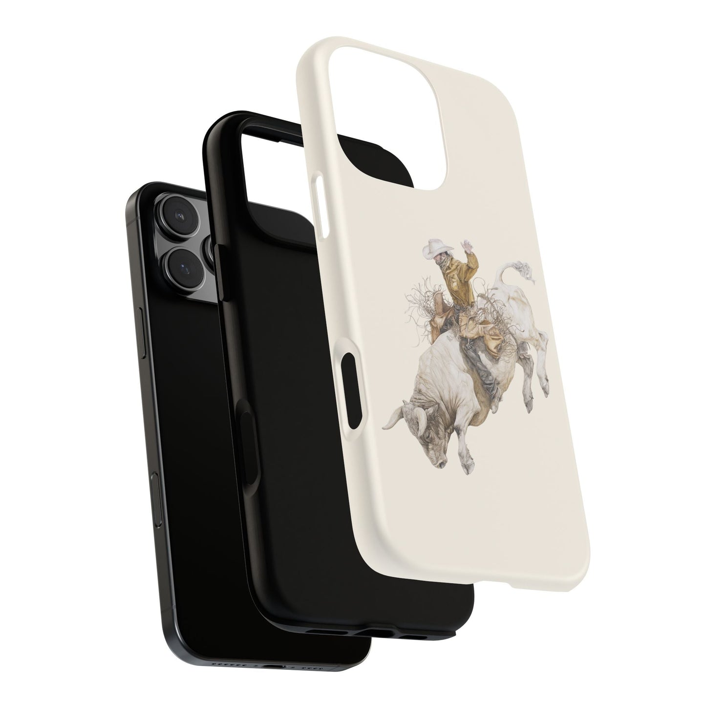 White Bucking Bull Rider Rodeo iPhone Case, 2 Layer Tough Phone Cover, Bull Riding Sport Fan - FlooredByArt