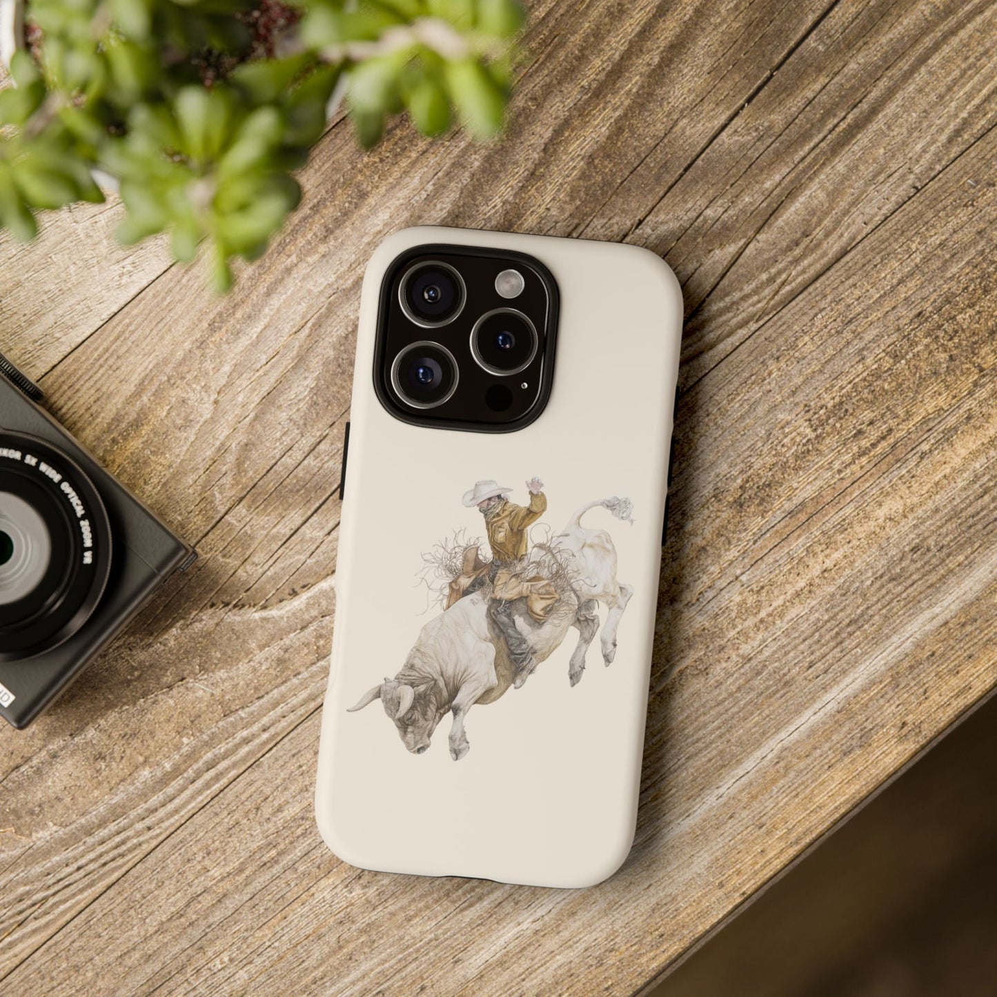 White Bucking Bull Rider Rodeo iPhone Case, 2 Layer Tough Phone Cover, Bull Riding Sport Fan - FlooredByArt