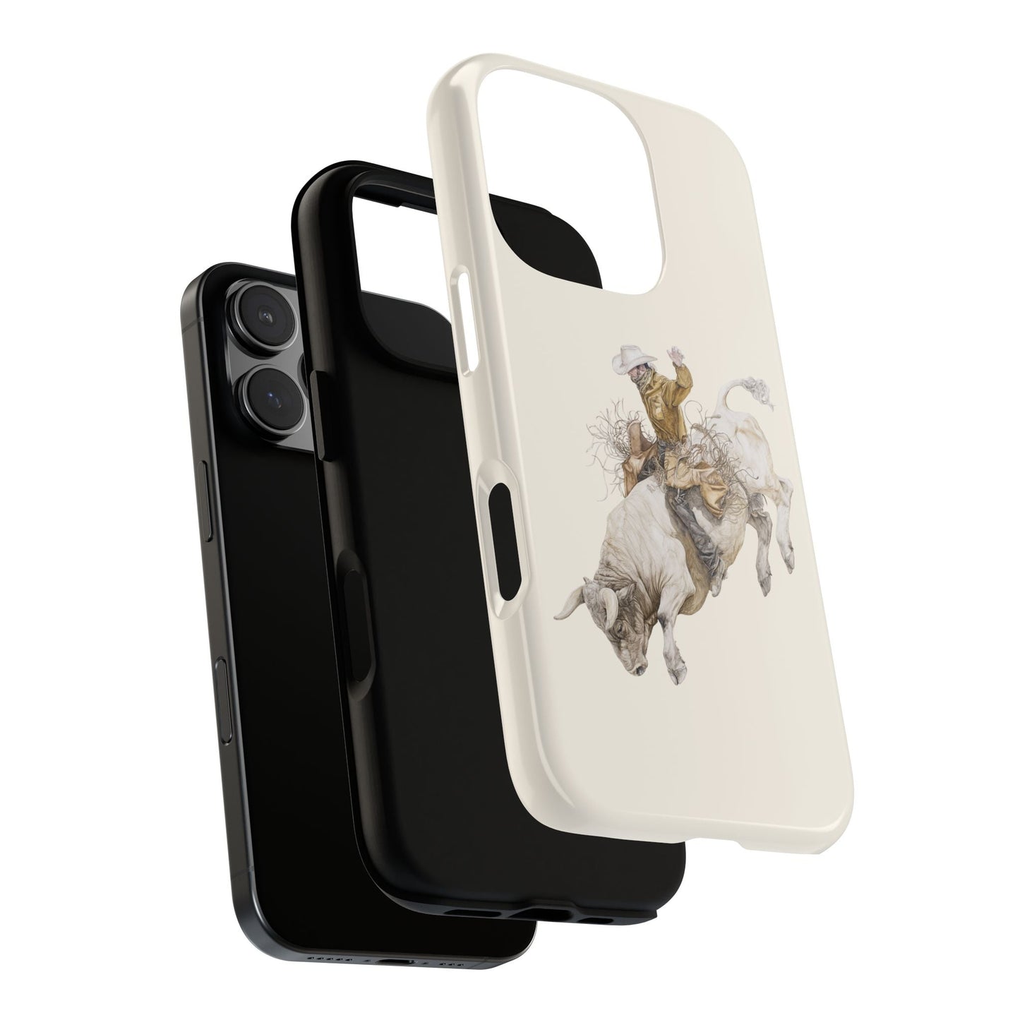 White Bucking Bull Rider Rodeo iPhone Case, 2 Layer Tough Phone Cover, Bull Riding Sport Fan - FlooredByArt