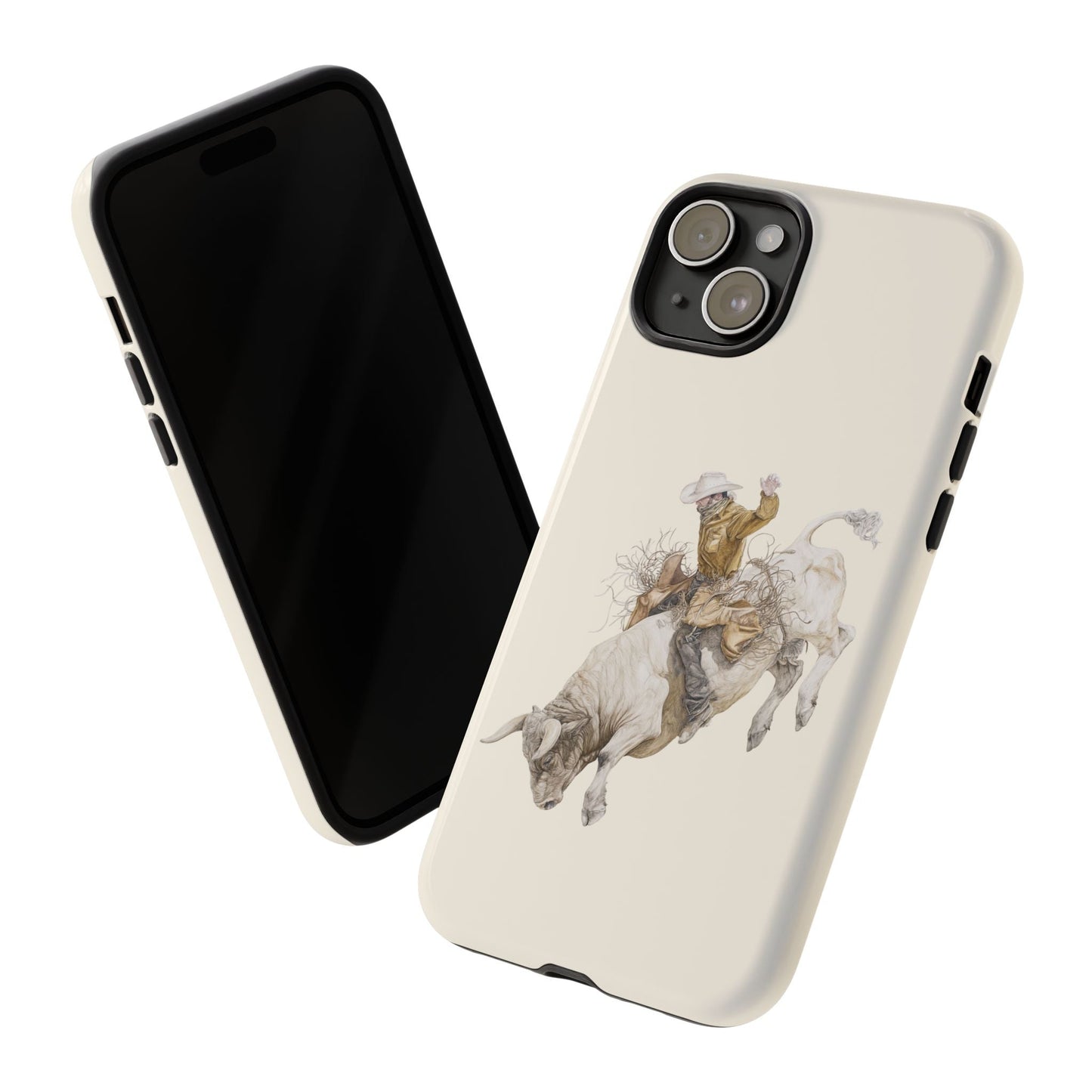 White Bucking Bull Rider Rodeo iPhone Case, 2 Layer Tough Phone Cover, Bull Riding Sport Fan - FlooredByArt