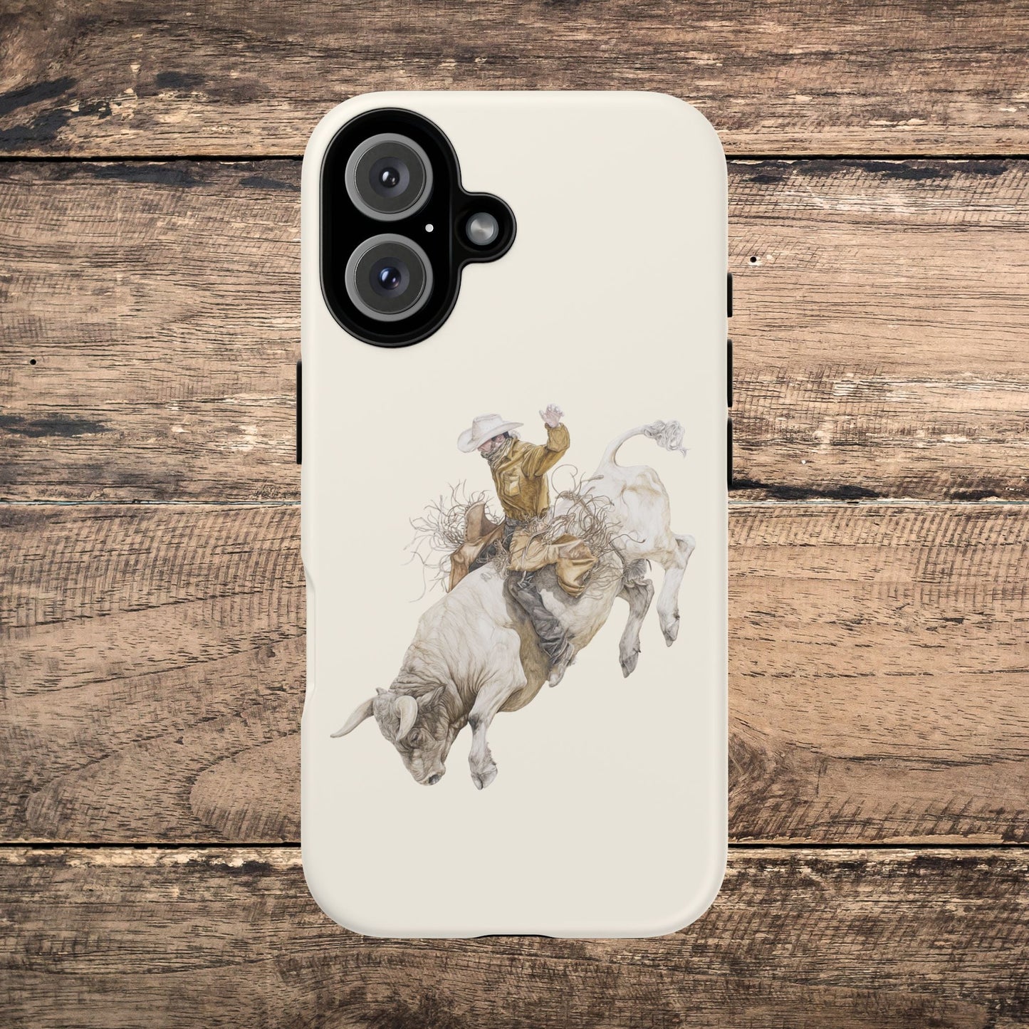 White Bucking Bull Rider Rodeo iPhone Case, 2 Layer Tough Phone Cover, Bull Riding Sport Fan - FlooredByArt